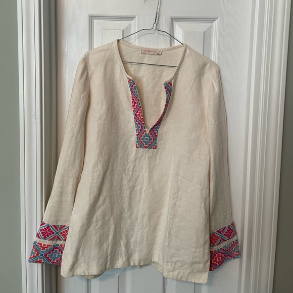 Tory Burch Mckenna Linen Embroidered Tunic in Ivory. - Picture 4 of 8